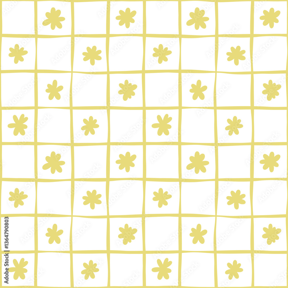 Aufkleber yellow grid check with flowers, trendy modern floral minimalist spring seamless vector repeat patter