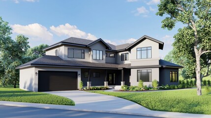A stunning modern two-story house with a black garage door sits on a lush green lawn with a paved driveway.