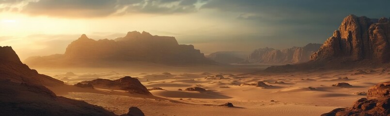 Desert landscape with mountains and sun shining through clouds