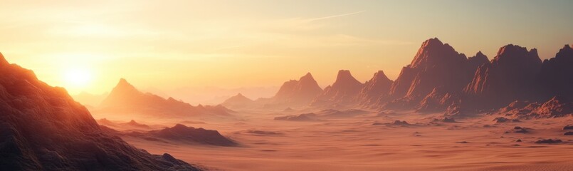 Obraz premium Desert landscape with mountains and sun shining through clouds