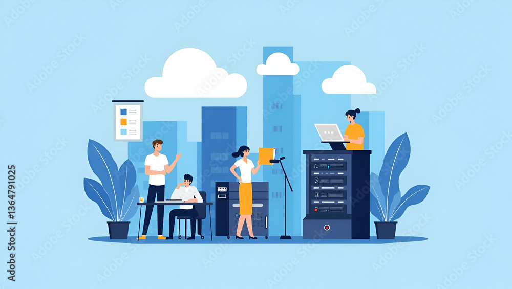 Poster flat vector illustration of business technology: document management system, cloud server storage, a