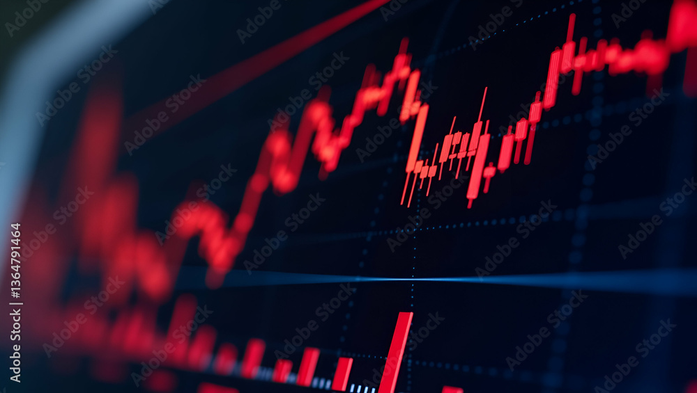 Poster close-up of a digital stock market chart with red graphs: analyzing financial trends and investment 