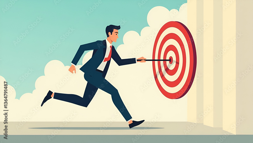 Poster flat vector illustration of businessman running towards target: success concept with empty space