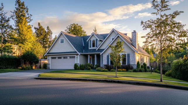 A charming two-story suburban house with a gray roof sits on a landscaped lawn at sunset.
