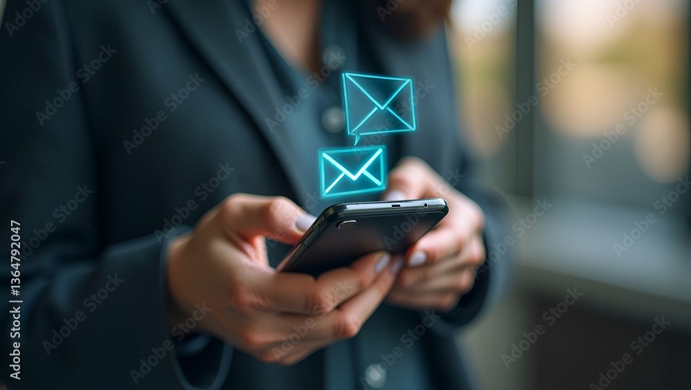 Poster close-up of a woman's hand using smartphone with email icon - highlighting mobile communication and 