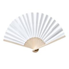 A white paper hand fan, fully opened, with visible pleats and a small rounded handle, isolated on a white background.


