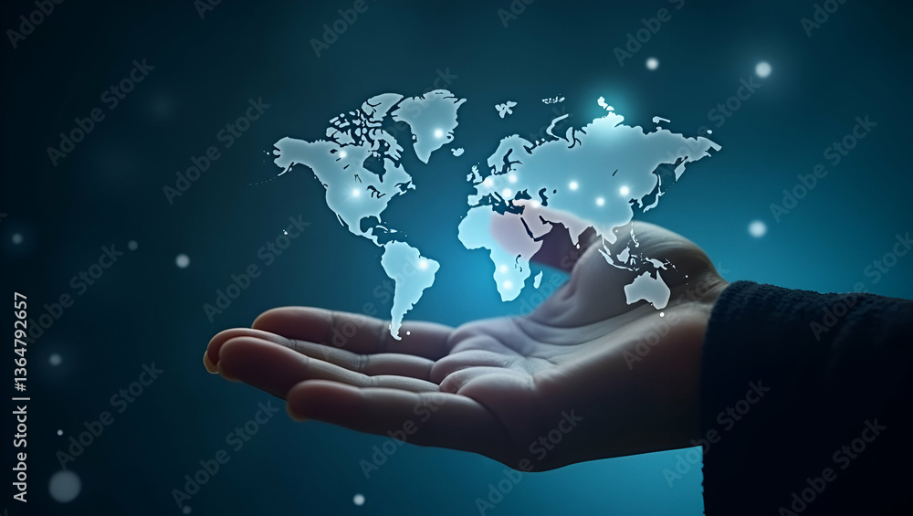 Poster hand using holographic road maps for family trips with empty space background concept as a hand inte