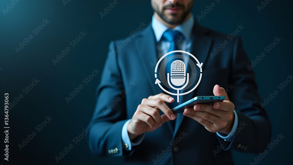 Leinwandbilder man using smartphone to record audio messages with microphone icon - ai search concept in stock phot