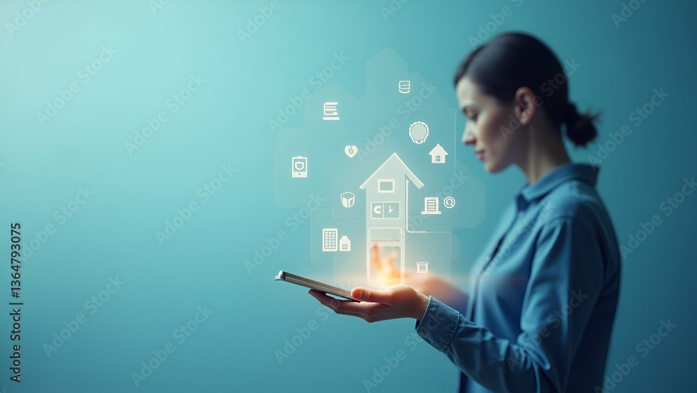 Poster 3d flat icon of a person intertwined with smart home energy management system and tech symbols - dou