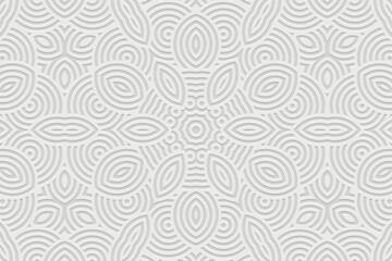 Geometric white background, tribal cover design, ethnic banner for design. Embossed abstract 3d pattern. Relief texture. Ornaments, arabesques, mandala of the East, Asia, India, Mexico, Aztec, Peru.