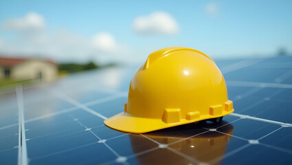 Flat Yellow Safety Helmet on Solar Panels: Emphasizing Safety in Renewable Energy Solutions