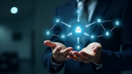 Hand Engaging with Holographic Business Ethics Device: Showcasing Integrity, Accountability, Teamwork, and Fair Practices Icons in a Corporate Environment with Empty Space for Creative Use