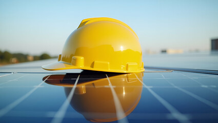 Yellow Safety Helmet on Solar Panel: A Symbol of Workplace Safety and Renewable Energy Technology - Stock Photo Concept with Space for Customization