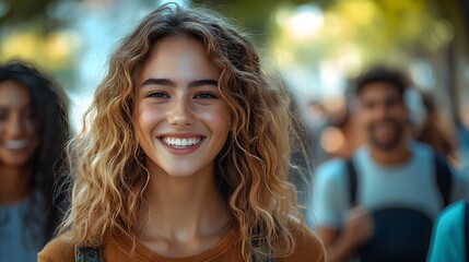 Obraz premium Smiling woman with friends outdoors, city background
