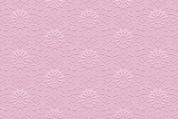 Geometric satin pink background, tribal cover design, ethnic banner for design. Embossed 3D pattern. Relief texture. Ornaments, arabesques, mandala of the East, Asia, India, Mexico, Aztec, Peru.