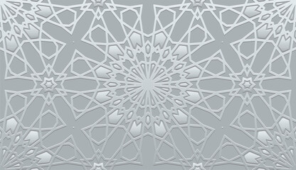 Exotic silver background, cover design, ethnic banner for design. Geometric silver 3D pattern, embossing. Relief ornaments, arabesques, mandala of the East, Asia, India, Mexico, Aztec, Peru.