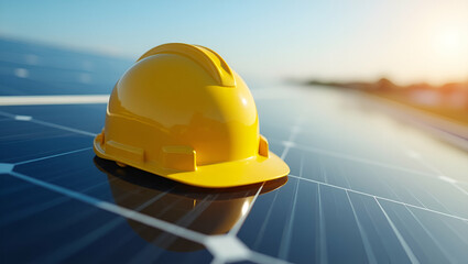 Flat Yellow Safety Helmet on Solar Cell Panels: Emphasizing Safety in Renewable Energy - A Cute Vector Illustration for Smart Business Solutions