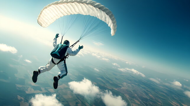 Skydiver flying with parachute open above the clouds