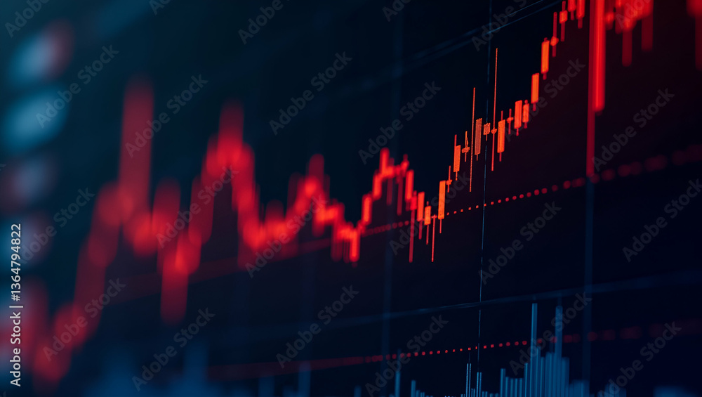 Poster close up of a digital stock market chart showcasing red graphs and data highlighting financial trend