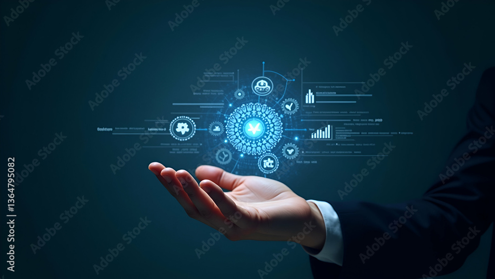 Poster flat hand engaging with holographic digital automation interface: a cute vector illustration of gear