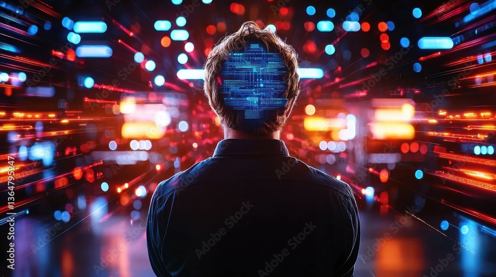 Poster illuminated cyborg figure standing in a futuristic neon lit landscape backdrop surrounded by a digit