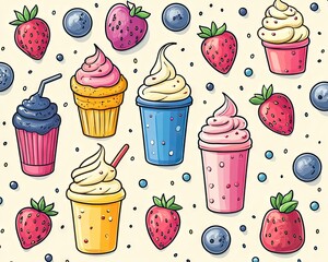 Colorful illustration of cupcakes, smoothies, strawberries and blueberries
