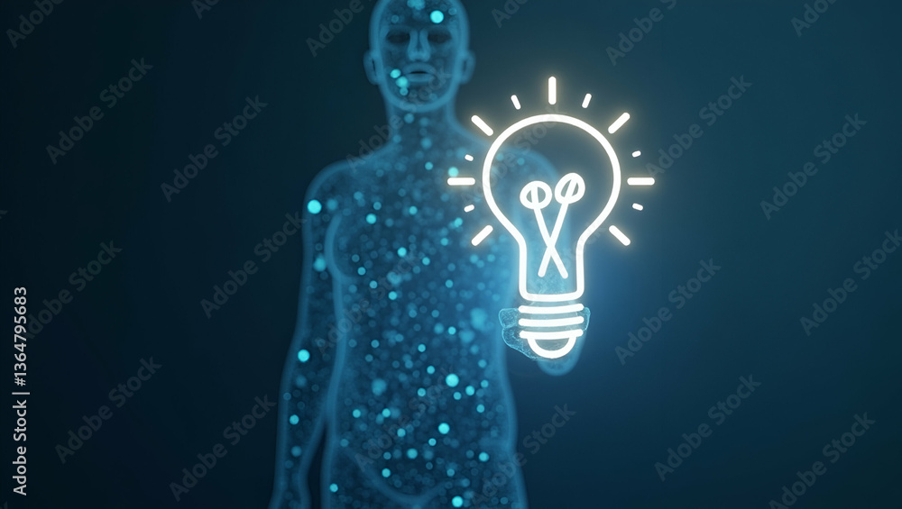 Poster 3d flat icon of individual with smart lighting system and tech overlay: symbolizing energy efficient