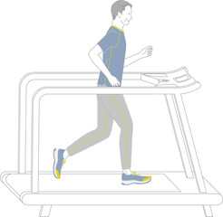 ジムのランニングマシンで走る笑顔のシニア男性