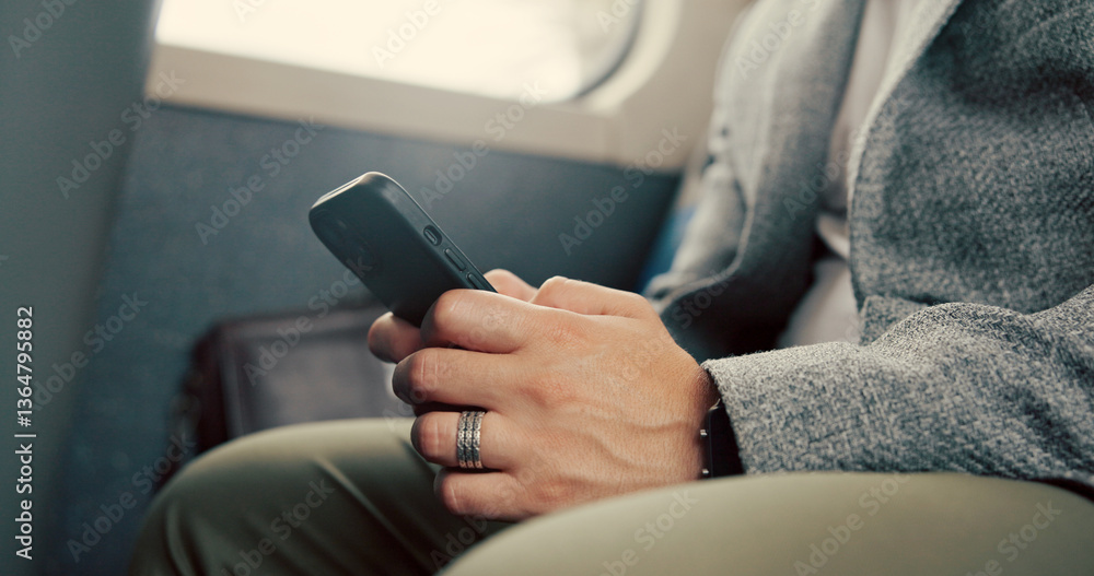 Poster hand, phone and texting in bus, travel and businessman with chat, search or typing email on commute.