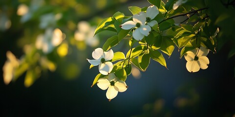  The delicate, white-edged leaves of a dogwood tree softly illuminated by the early morning sun, with hints of flowers. 