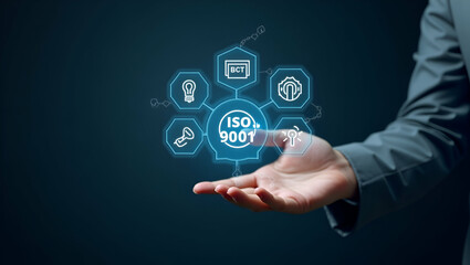 Flat Hand Engaging with Holographic ISO 9001 Certification Device for Quality Management Standards