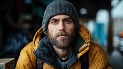 Bearded young caucasian male in yellow jacket and beanie outdoors