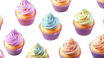 Colorful Cupcake Cascade: A vibrant array of cupcakes, each adorned with pastel-colored frosting and delicate sprinkles, creates a visual symphony of sweetness and delight.