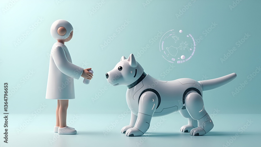 Poster 3d flat icon as person with automated pet toy and tech overlay symbolizing smart pet entertainment i