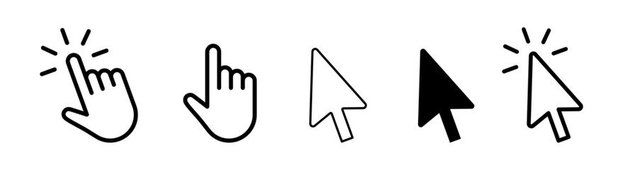 Computer mouse cursor clicks arrow hand pointer icon set black and white.