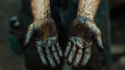 Dirty hands of a caucasian adult male covered in oil and grease