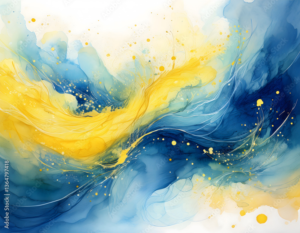 Aufkleber a vibrant abstract painting with flowing blue and yellow hues, creating a dynamic and expressive com