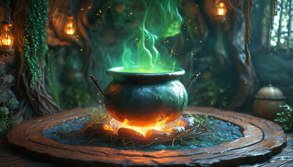 Halloween product display background podium, cauldron bubbling green potion and floating ghostly wisps, mystical witch's lair backdrop, ad, podium platform, product presentation space