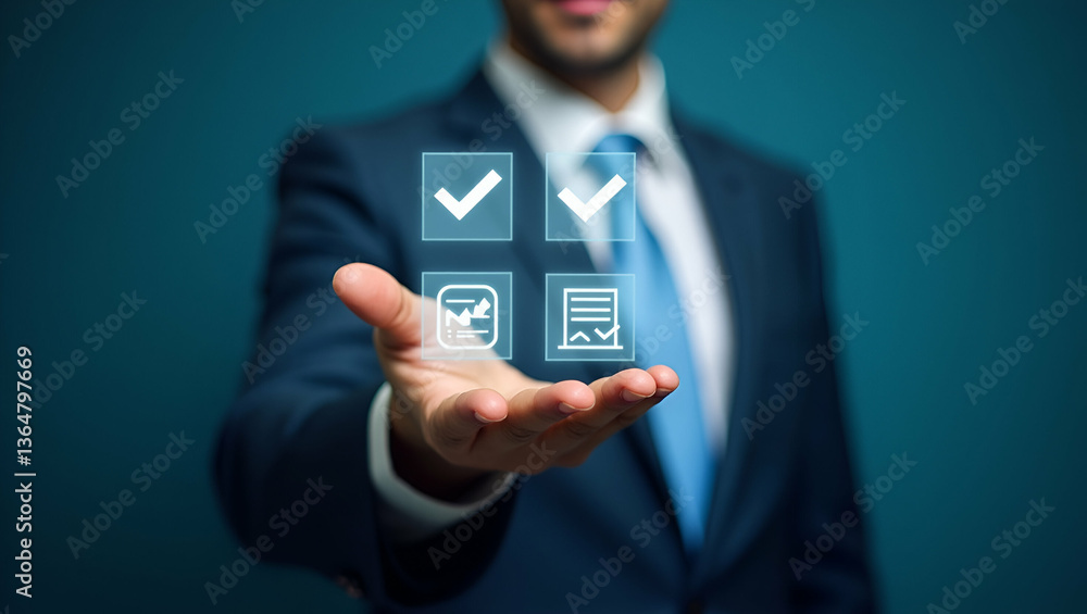 Poster businessman using virtual assessment tools for quality evaluation and data analysis in online survey