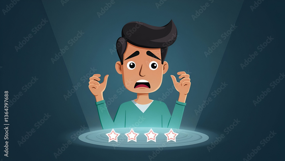 Poster flat unhappy user gives bad review and low rating with sad emotion face on holographic online survey