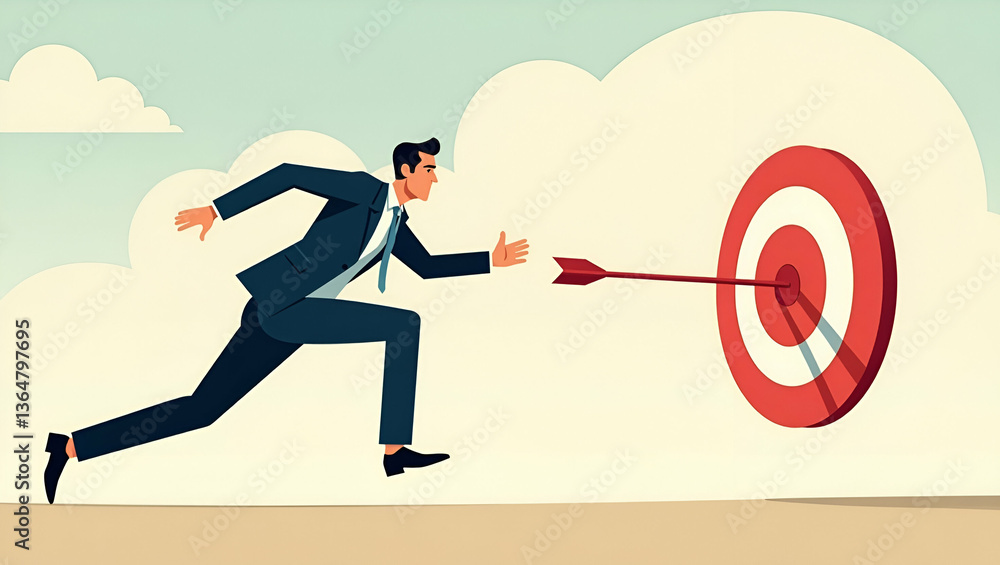 Poster dynamic flat vector illustration of a businessman speed running towards a target: symbolizing focus 