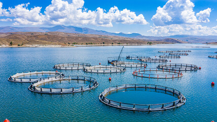 Aerial view of fish farming pools inside dam Imranli, Sivas, Turkey