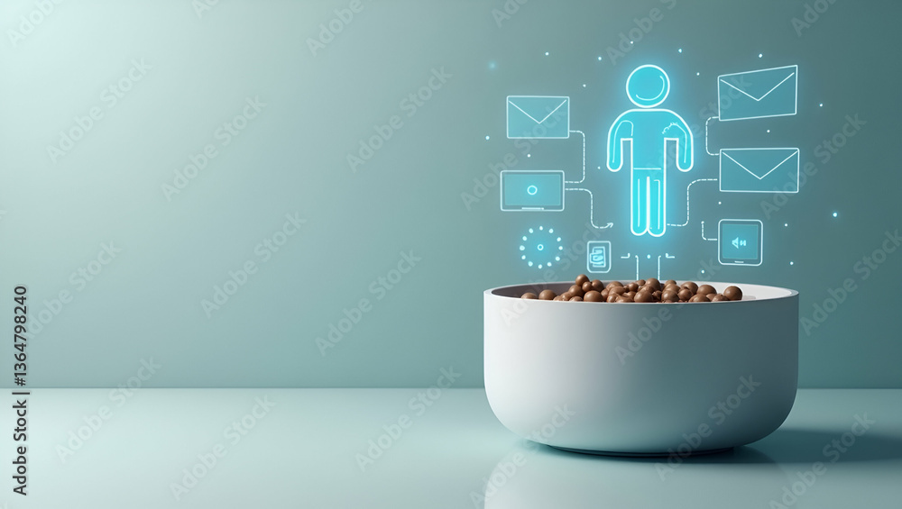 Poster 3d flat icon of a person with smart pet feeder and tech overlay: double exposure concept for automat