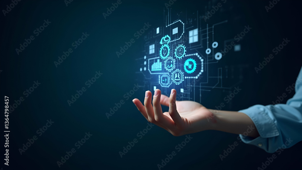 Poster flat hand interacting with holographic digital automation interface displaying gears data analysis o