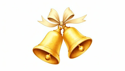 Elegant Watercolor Painting of Two Golden Wedding Bells Tied with Cream Ribbon - Perfect for Wedding Decor and Invitations with Space for Custom Text