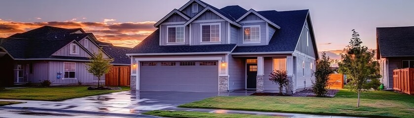 Naklejka premium Suburban home on lawn at sunset for real estate, design, finance use