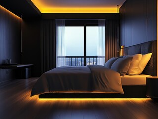 A modern bedroom featuring soft lighting with a nighttime city view