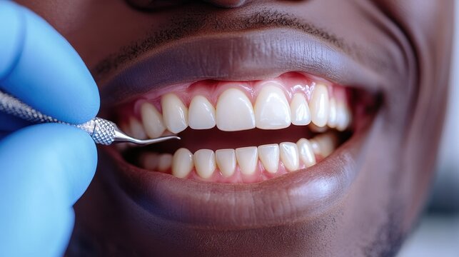 African young male smiling during dental checkup with dentist using dental tool on healthy teeth