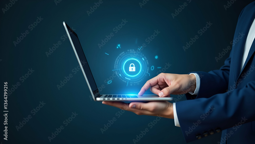 Poster flat hand interacting with laptop showing holographic digital certificate and compliance documentati