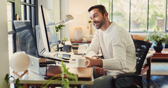 Business, laptop and man with writing in home office for startup proposal planning, administration and schedule. Remote work, web design and happy person with agenda notes at desk for online research